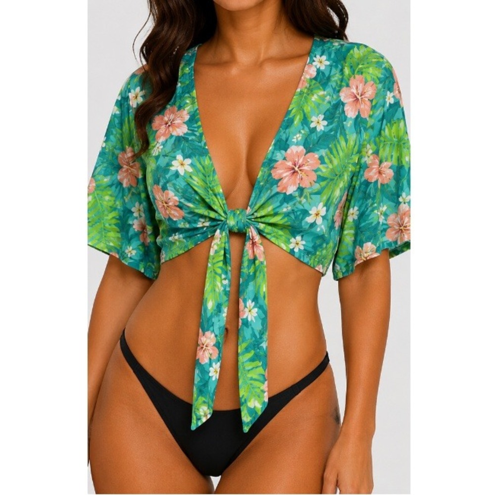 Honolua Surf Co Teal Tropical Floral Wrap Bell Sleeve Ohana Mama Top Size M NWT